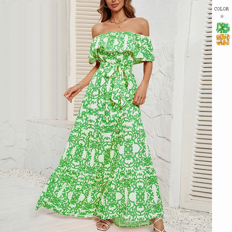 

Europe and the United States summer hot selling a line collar printed ruffled temperament dress women