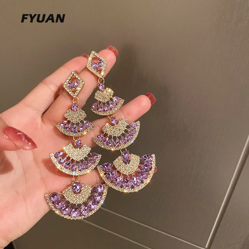 Женские серьги-подвески FYUAN винтажные фиолетовые с кристаллами большие