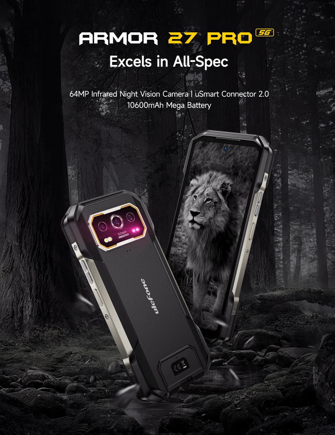 Ulefone Armor 27 Pro 5G 10600mAh Smartphone 50MP Camera 64MP Night Android 14 Rugged Phone Up to 24GB+256GB NFC Waterproof Phone