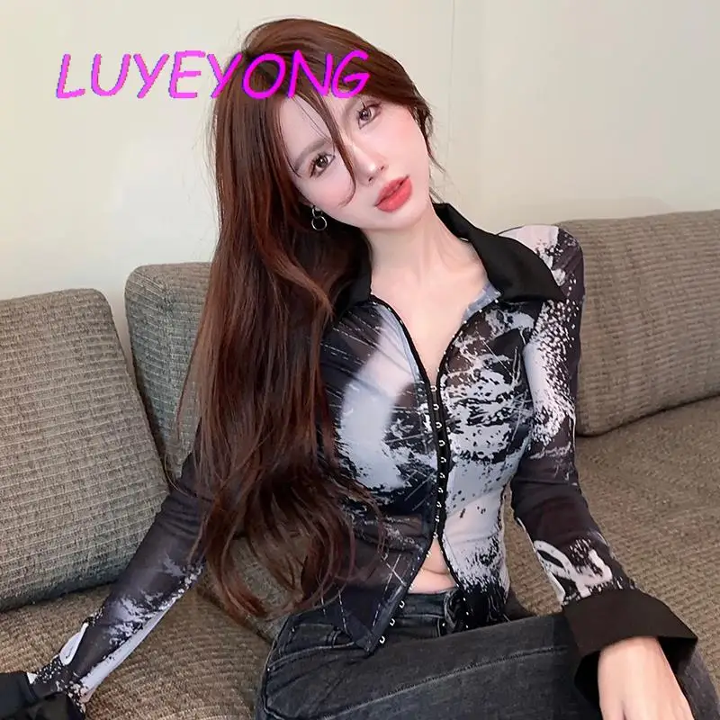 

Women Printed Mesh Cardigan Crop Tops Girl Slim Transparent Long Sleeve Polo Collar Short Blusa Harajuku Buckle Blouse 2023