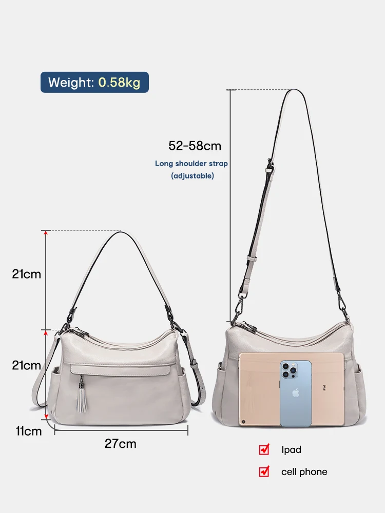 Zency 100% Genuine Leather Soft Women's Shoulder Bag Trendy Designer Handbags Tassel Large Capacity White Hobo Bag Crossbody