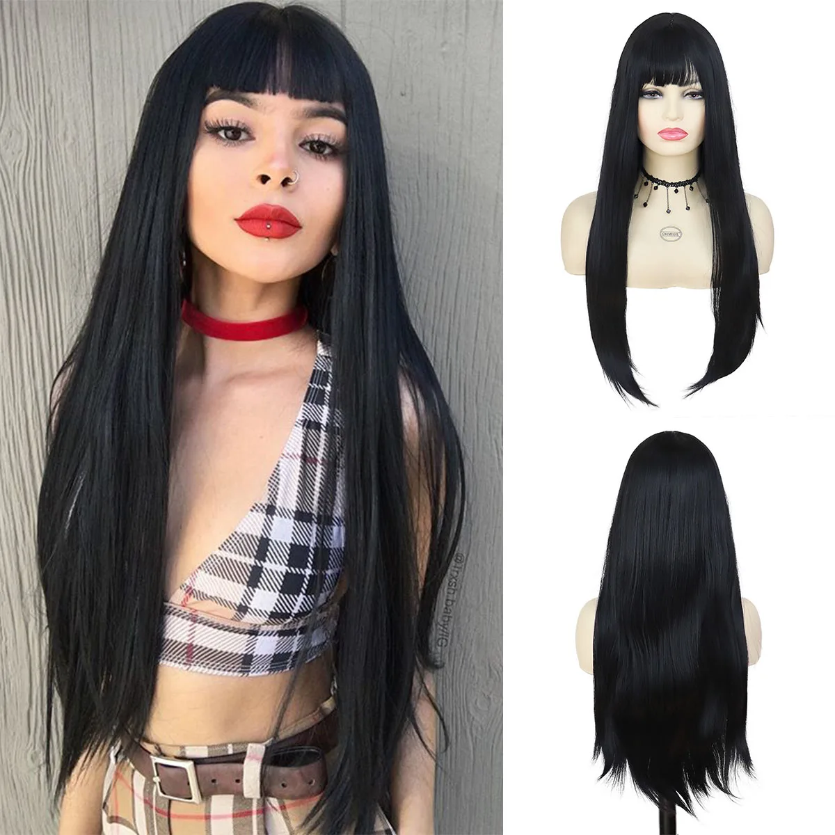 

GNIMEGIL Long Black Straight Synthetic Wigs with Bangs for White Women Daily Party Cosplay Lolita Natural Hair Heat Resistant