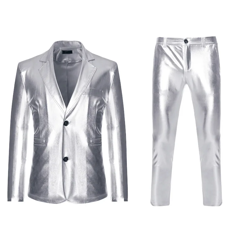 Men's Fashionable Hot Stamping Clothing Set Party Dance Nightclub Gold Silver Black Colors 2 Pcs Long Pants Suit