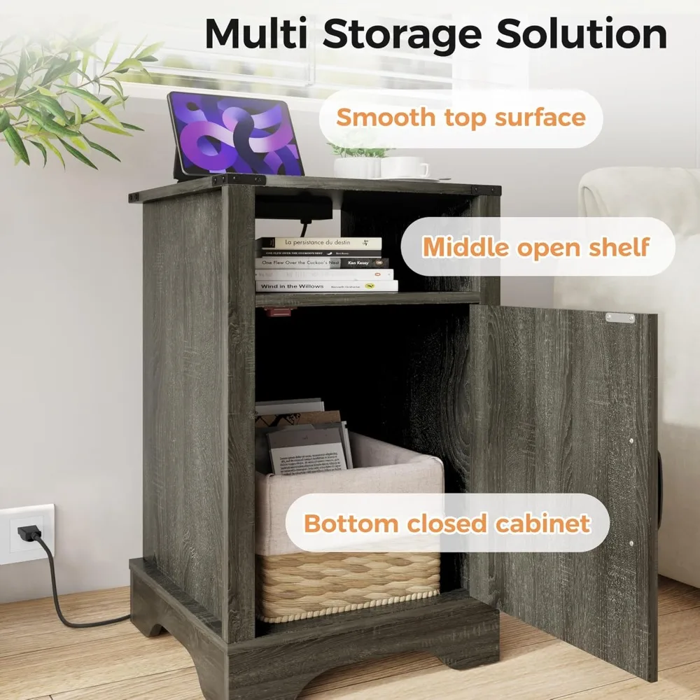 Nightstand Set of 2, Grey End Table with Charging Station, Tall Farmhouse Bedside Table with Large Storage and Shelf 6