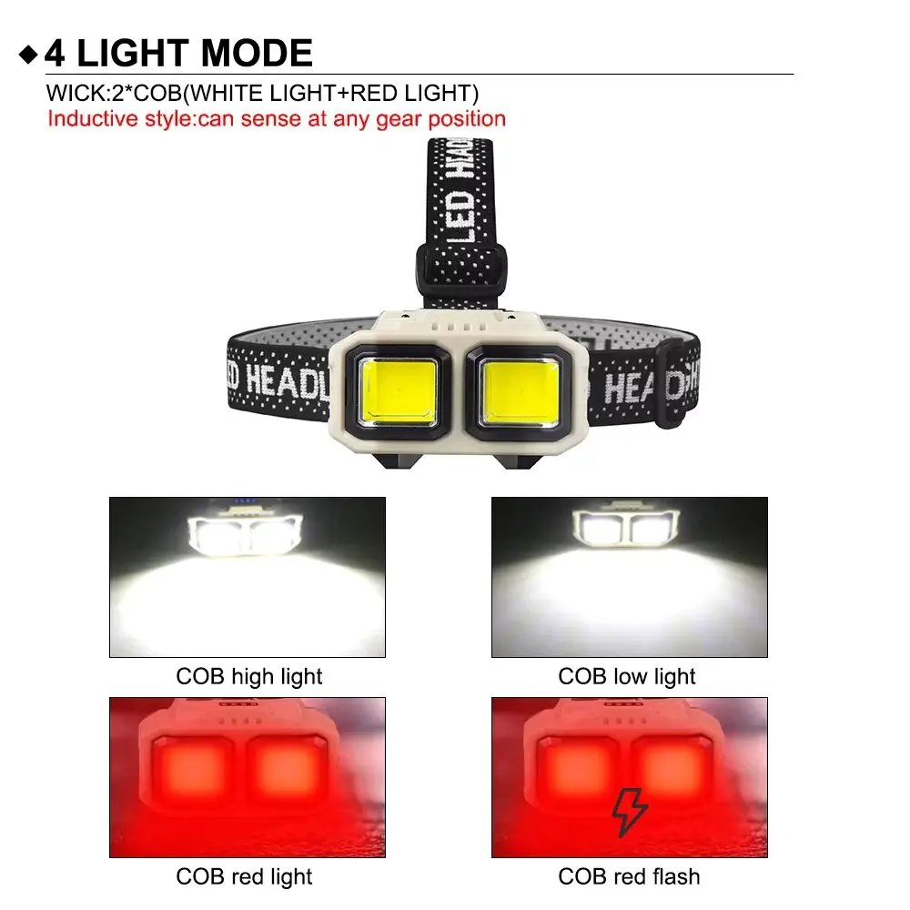 강력한 유도 COB LED 헤드램프 USB 충전식 헤드 플래시라이트 작업등 야외 캠핑 탐조등 낚시용 헤드 토치