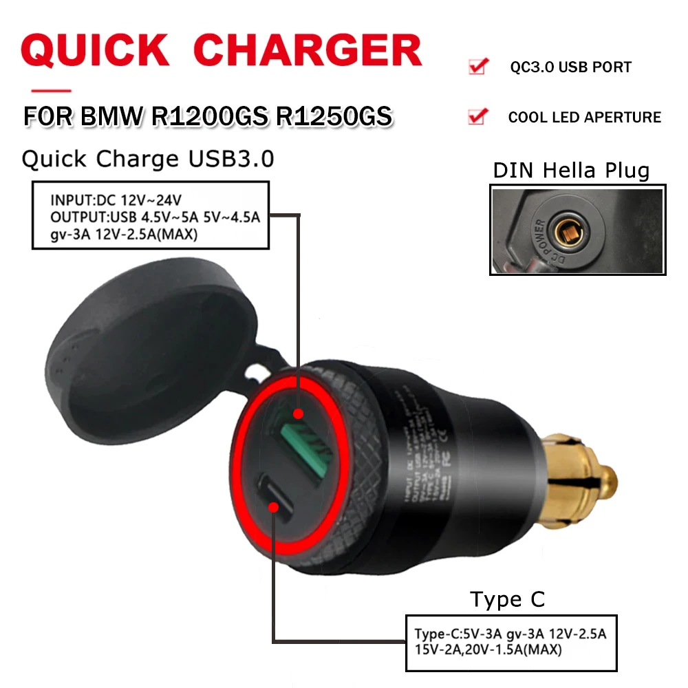 Motorcycle Quick Charger 3.0 USB Type C Power Adapter Hella DIN Plug Socket For BMW R1200RT R1250GS F650GS F750GS F850GS F800R hella din plug socket motorcycle dual usb charger power adapter for bmw r1250gs r1200gs r1200rt f800gs adv f850gs f650gs k1200gt