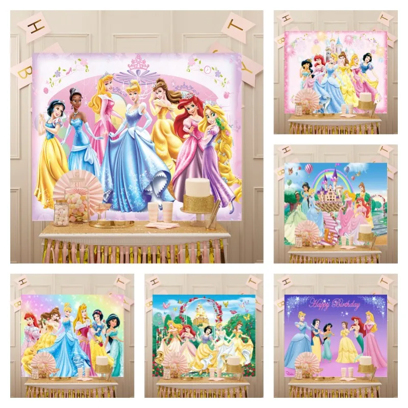 Disney Princess Background Girl Birthday Baby Shower Sfondo Tiana Cenerentola Jasmine Ariel Castle Banner Fotografia Puntelli