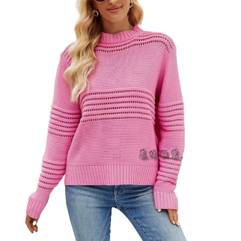 

Fashion New Pit Stripe Hollow Out Sweater Women Sweet Style Solid Color Crew Neck Pullover Long Sleeve Jumpers Female Outerwear