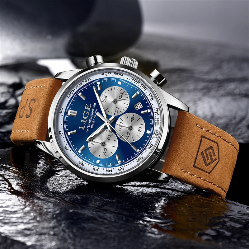 Men's Luxury Quartz Chronograph Leather Watch - Elegant & Waterproof Sport Design by LIGE