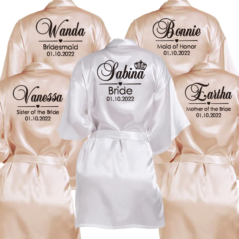 CustomizedNameDateWeddingBathrobeFauxSilkBridalRobeBrideBridesmaidWeddingRobesWoman