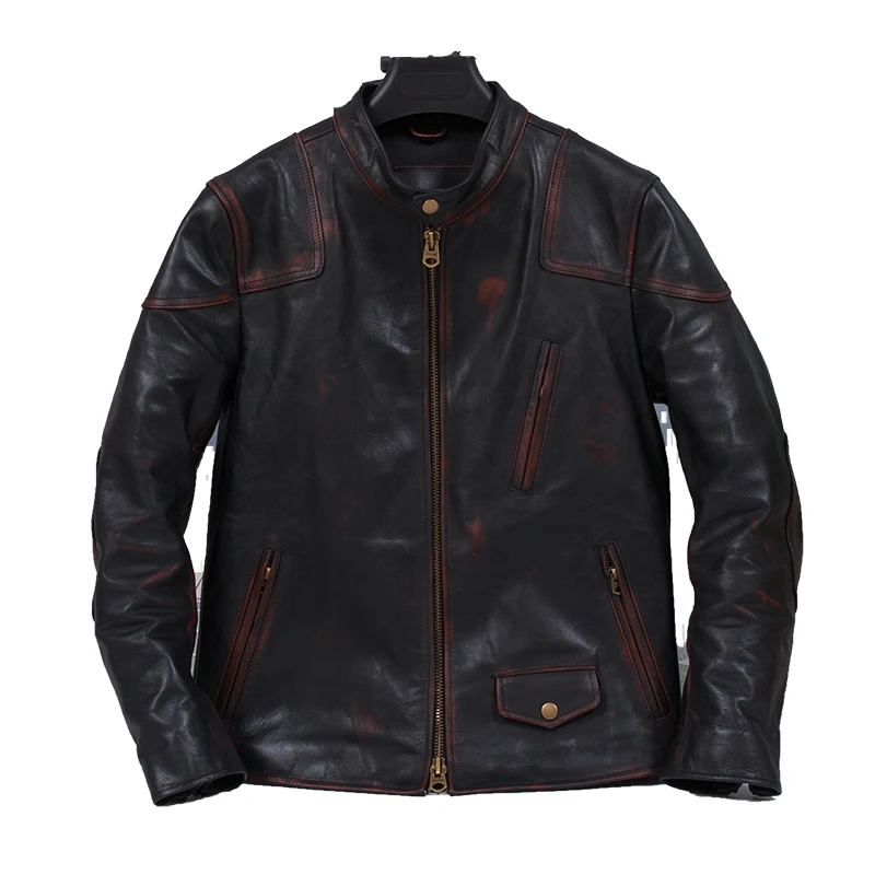 

Vintage Black Spring Men's Motorcycle Jacket Plus Size 5XL Natural Horsehide Autumn Slim Fit Short Biker Genuine Leather Coats