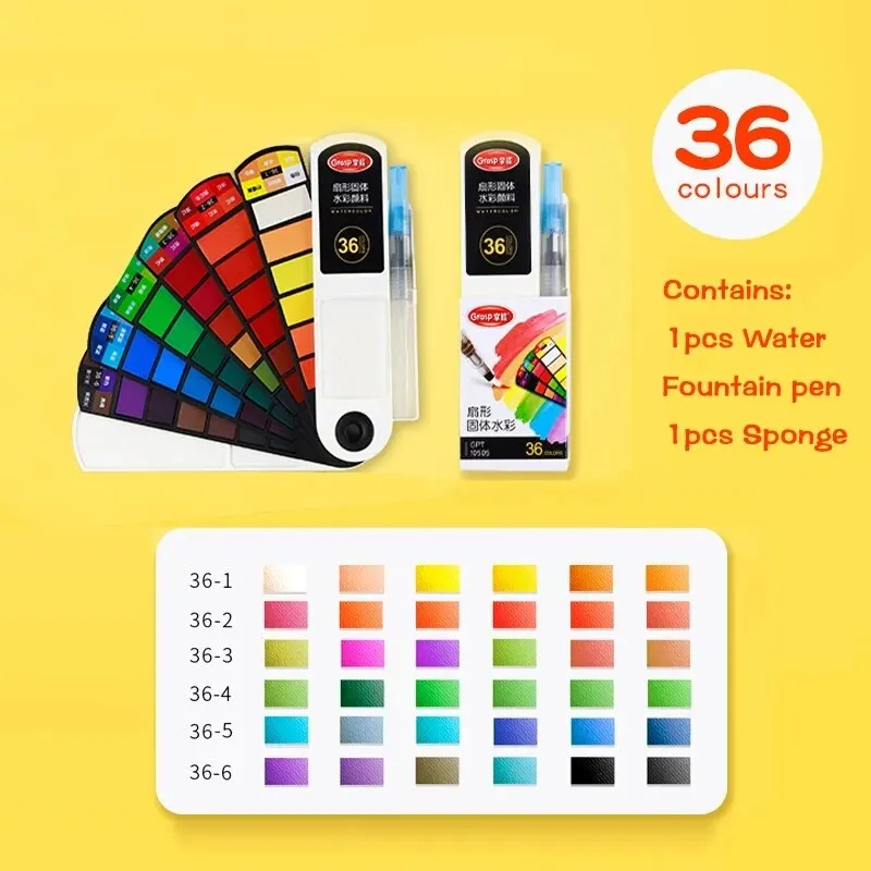 휴대용 36/42 색상 단색 수채화 페인트 세트, 수채화 안료, 물 펜 포함, 초보자 페인팅 미술 용품