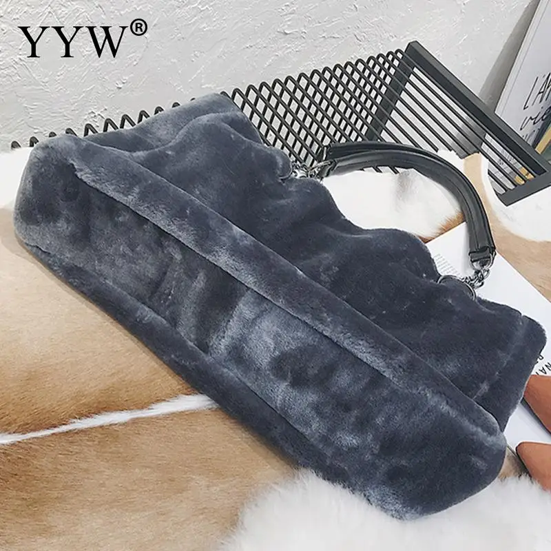 Large Capacity Designer Faux Fur Tote Handbags for Women PU Leather Top Handle Winter Warm Plush Bags Ladies Shopping Purse Bag