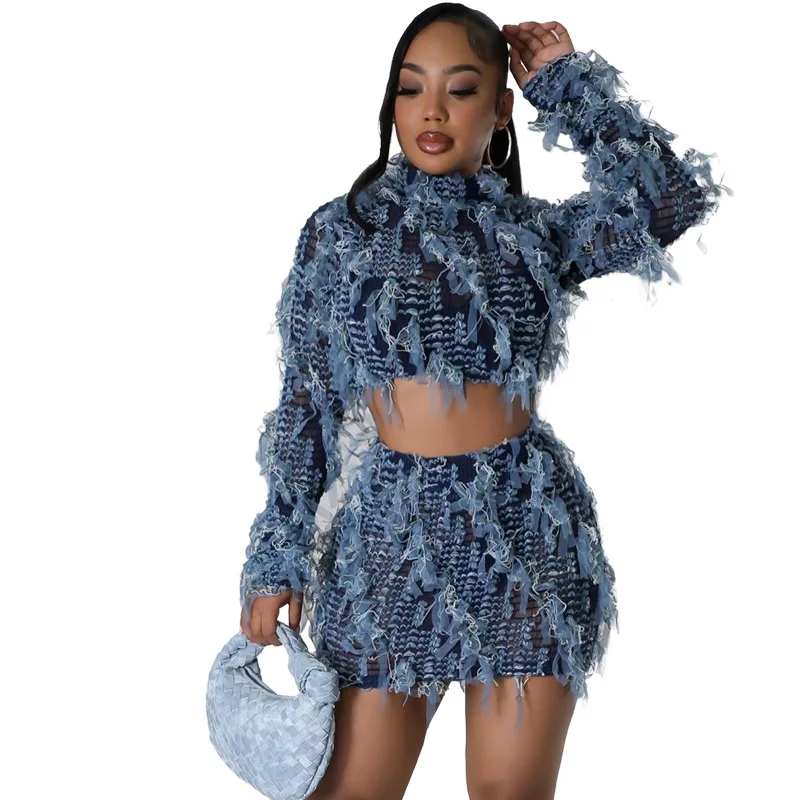 

Ruffled Mesh Mini Skirt Women Sets Mock Neck Fitted Top And Ripped Skirt Sexy Lady Two Pieces Outfit