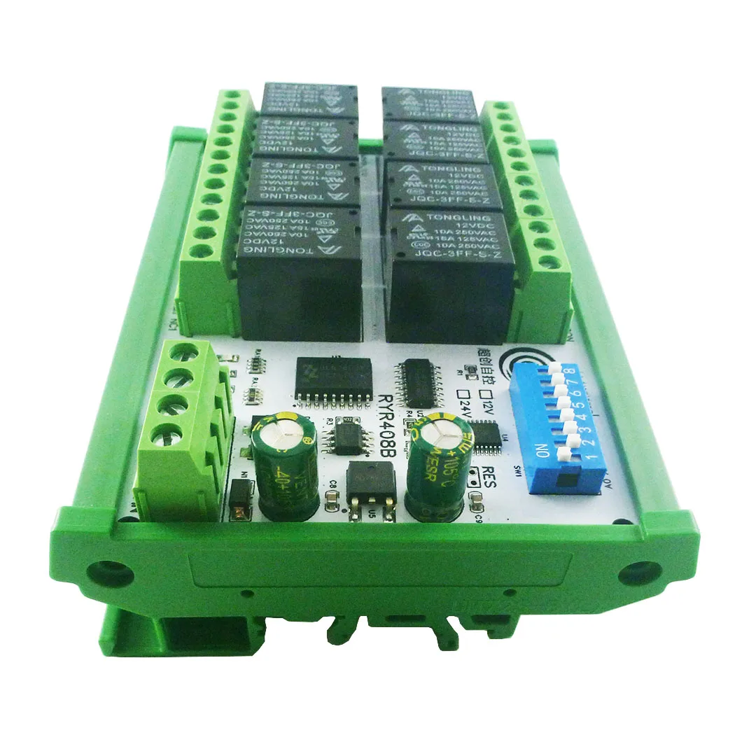 DC 12V 24V 8CH DIP 스위치 세트 매개변수 RS485 릴레이 보드 Modbus RTU PLC 원격 IO 모듈 RYR408B C35 DIN BOX