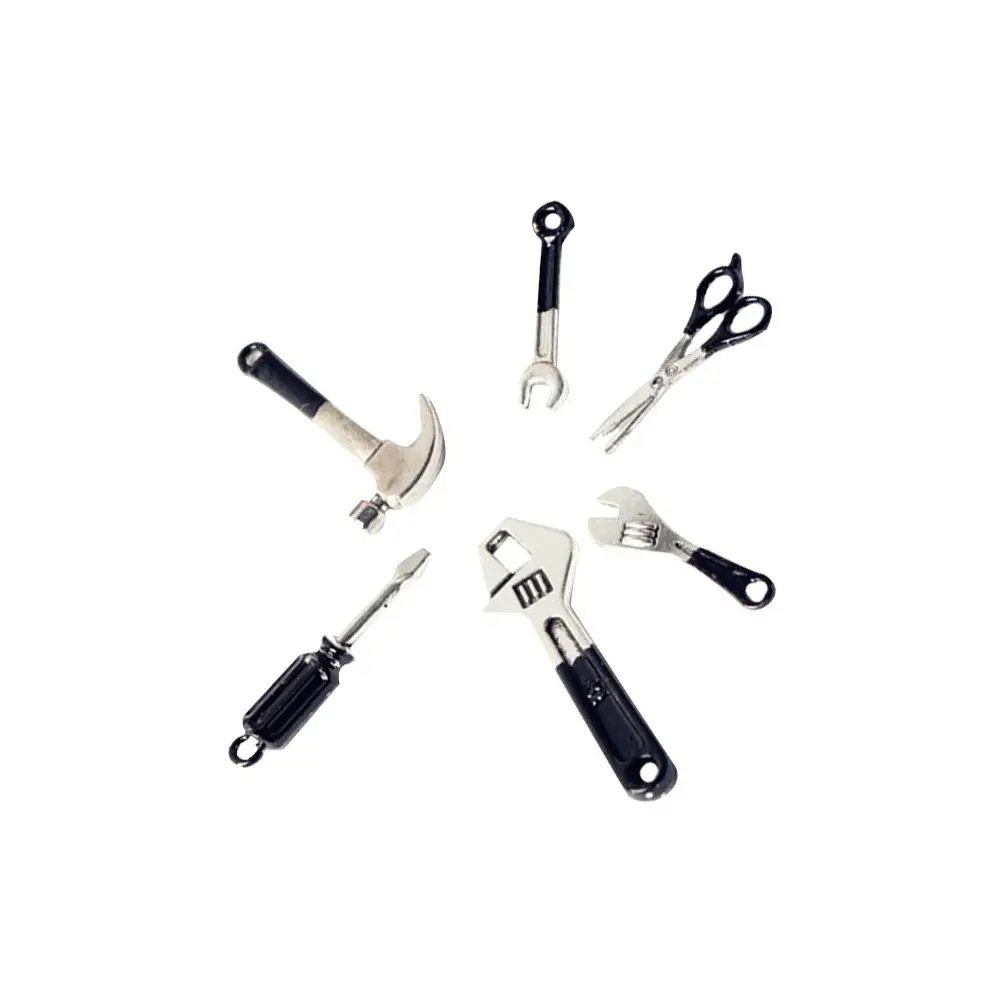 6Pcs 합금 미니 도구 상자 액세서리 미니 해머 렌치 세트 기계 장식을위한 크리 에이 티브 데스크탑 장식품 마이크로 도구 상자 키트