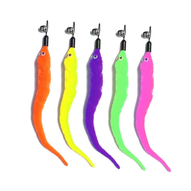5pcs Colorful Cat Teaser Wand Rod Chase Toys Replacement Refill Plush Worms Pet Cat Tease Interactive Training Playing Stick Toy 4