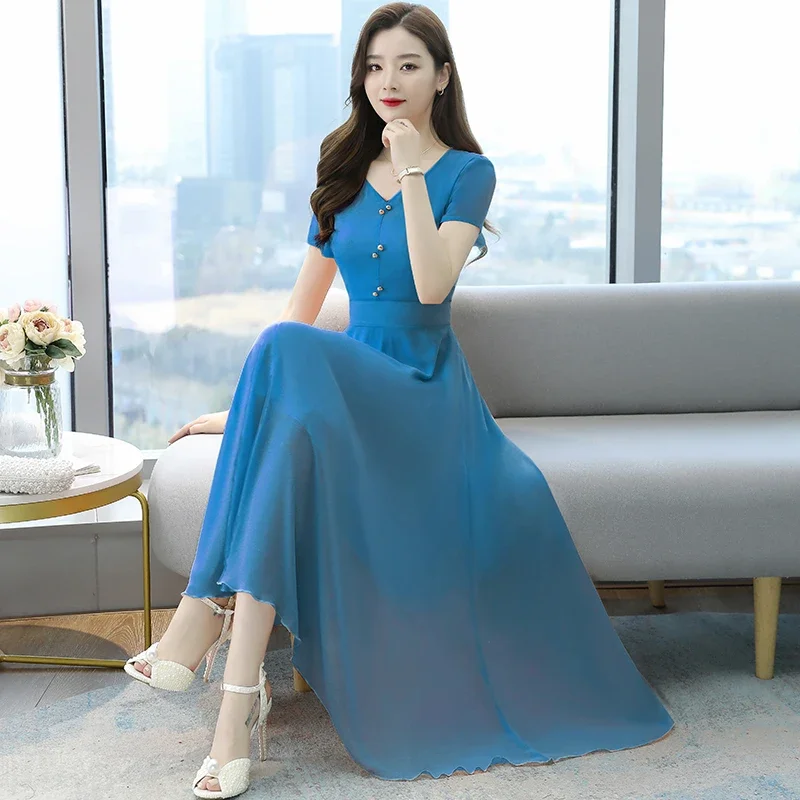 

Solid Color Retro Dance Long Dress Elegant Women's Tight Fitting Party Evening 2024 Spring/summer Chiffon Beach Long Dress E419