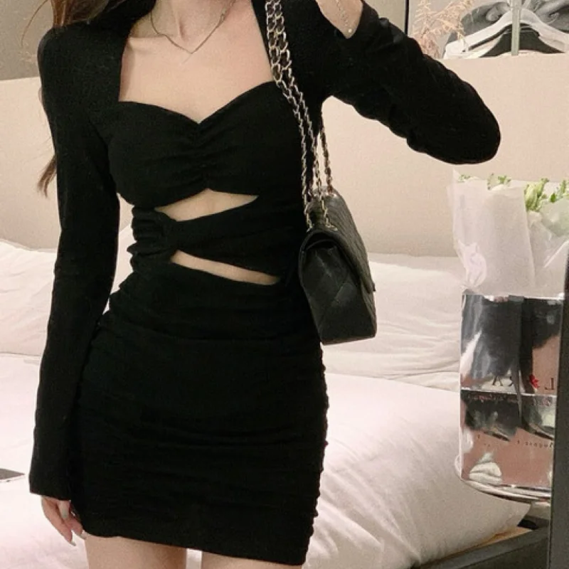 

Dress Y2k Black Hollowed-out Long-sleeved Autumn 2023 Spring Summer New Spice Girl Royal Sister Sexy Cute Party Buttock Skirt