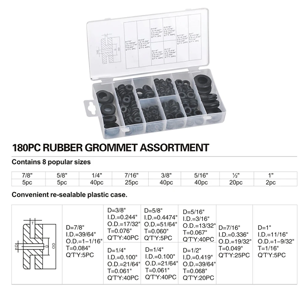 KEWAYO 180-Piece Rubber Grommet Kit - 8 Sizes (1/4" To 1") For Automotive Wiring & DIY Projects | Black Gasket Ring Assortment