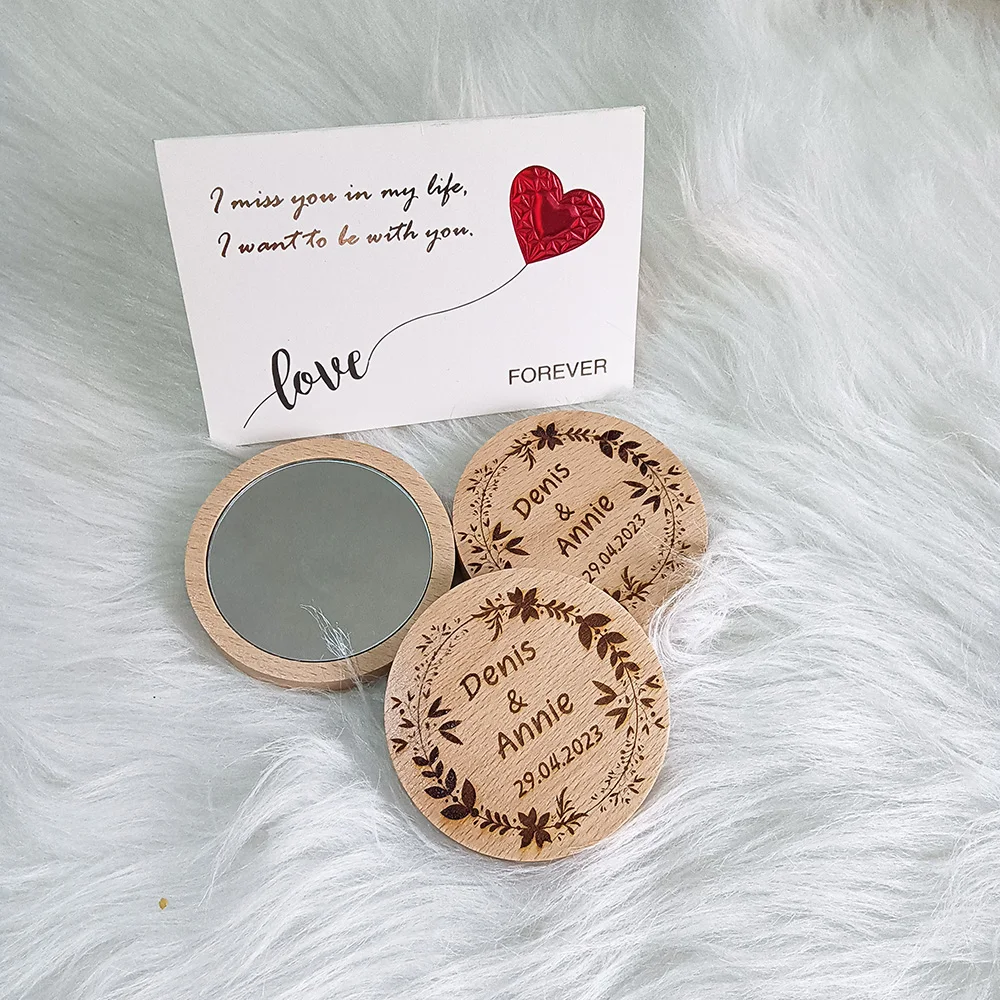 

Персонализированное деревянное заднее карманное зеркало для свадьбы, сувенира, свадебного душа, свадебной вечеринки для гостей, зеркало для макияжа в кошельке