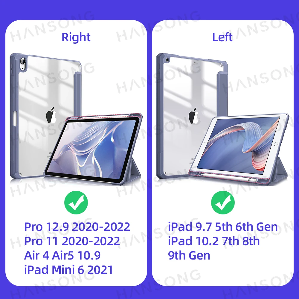 Hansong capa do iPad Pro 11in 2 3 ° 4 ° Geração iPad 10.2 7 ° 8 ° 9 °  Geração 5 ° 6 ° Ar 4 ° 10.9 10 ° Mini 6 PU Silicon Cover