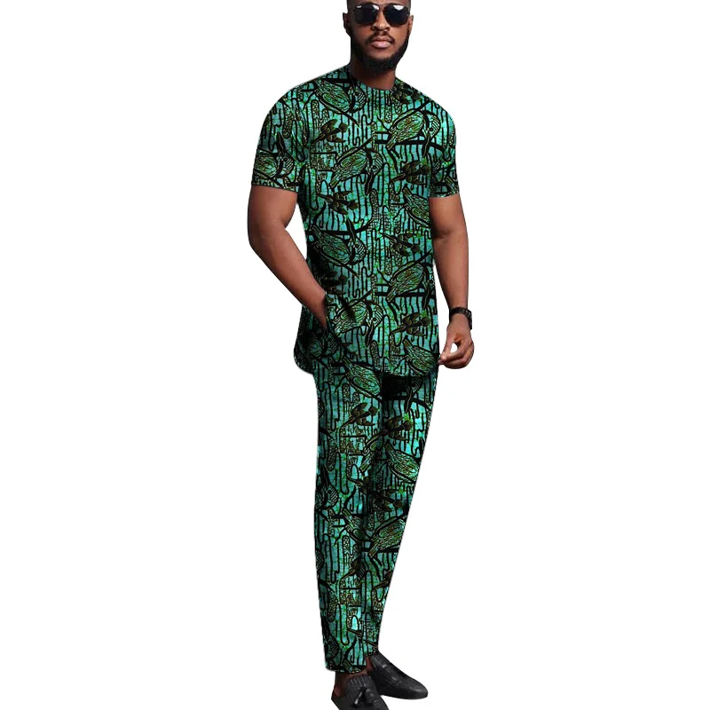 

Tailored Men's Groom Suits Short Sleeve Tops With Pants Fashion Male African Sets Occasion Festival Garments