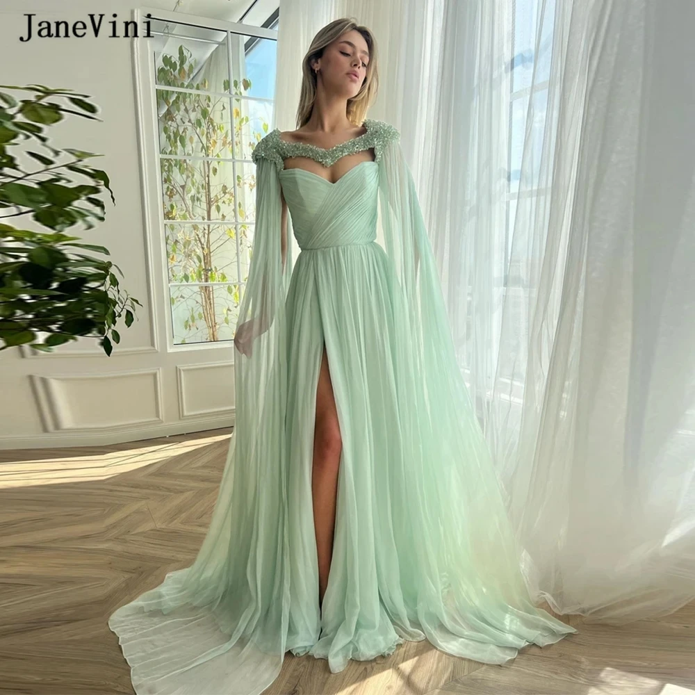 

Роскошное длинное шифоновое платье jaevini Дубая мятно-зеленого цвета, платье для выпускного вечера с рукавами-крылышками и кристаллами, элегантное вечернее платье трапециевидной формы для женщин, 2023