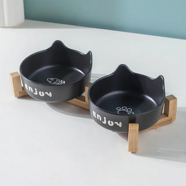 3pcs/set (1pc rack + 2pcs bowl) Non-Slip Ceramic Double Pet Food Bowl for Cats and Dogs - Prevents Spills and Slips 4