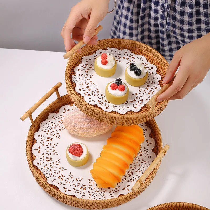 

Dinner Serving Tray Handwoven Rattan Storage Tray Wooden Handle Round Wicker Basket Bread Food Plate Fruit Cake Dessert Tray