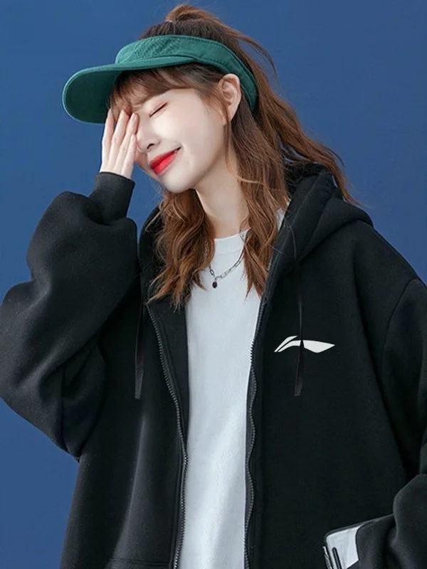  여성용 후드 재킷 블랙 루즈 캐주얼 스포츠웨어 오픈 가디건 가을 신상품 편안한 코튼 폴리에스테르 코트