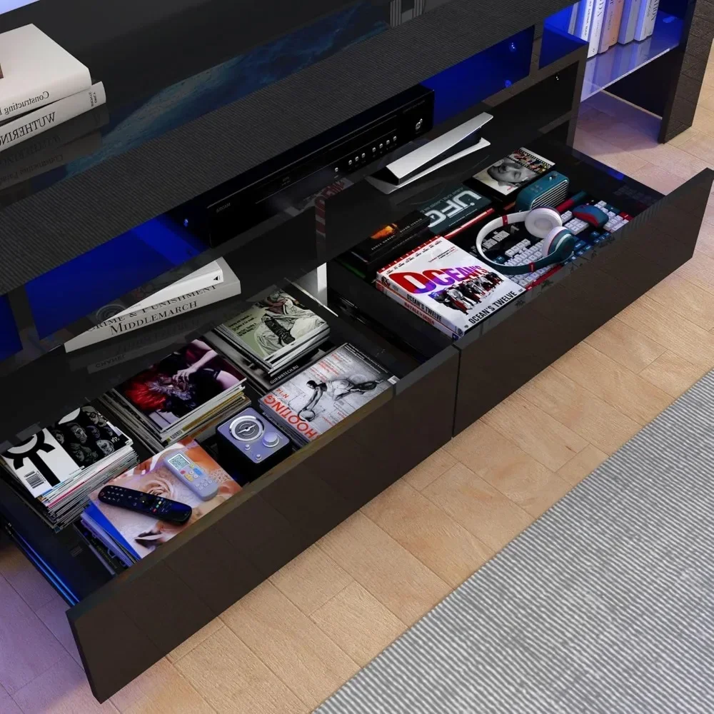 63in TV Stand 65/70 Inch TV,Modern LED TV Stand Living Room,Black Stand,High Gloss Entertainment Center Storage Drawer 4