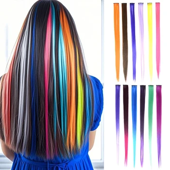 Estensioni sintetiche per capelli con clip 22" Pezzi di capelli lisci colorati lunghi Posticci sintetici per feste quotidiane di festival