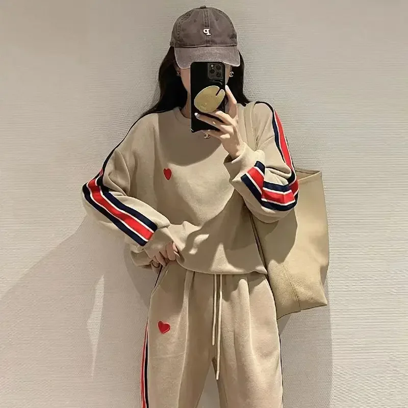 Women Golf Suit 2 Piece Sports Striped Pant Sets Spring Autumn Preppy Style Embroidered Love Loose Korean Fashion Golf Clothing