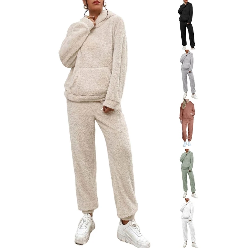 

Womens Fuzzy Sherpas Fleece Pajamas Set, Long Sleeve Hoodies Pullover Pajama Pants 2 Pieces Outfits Loungewear Sleepwear