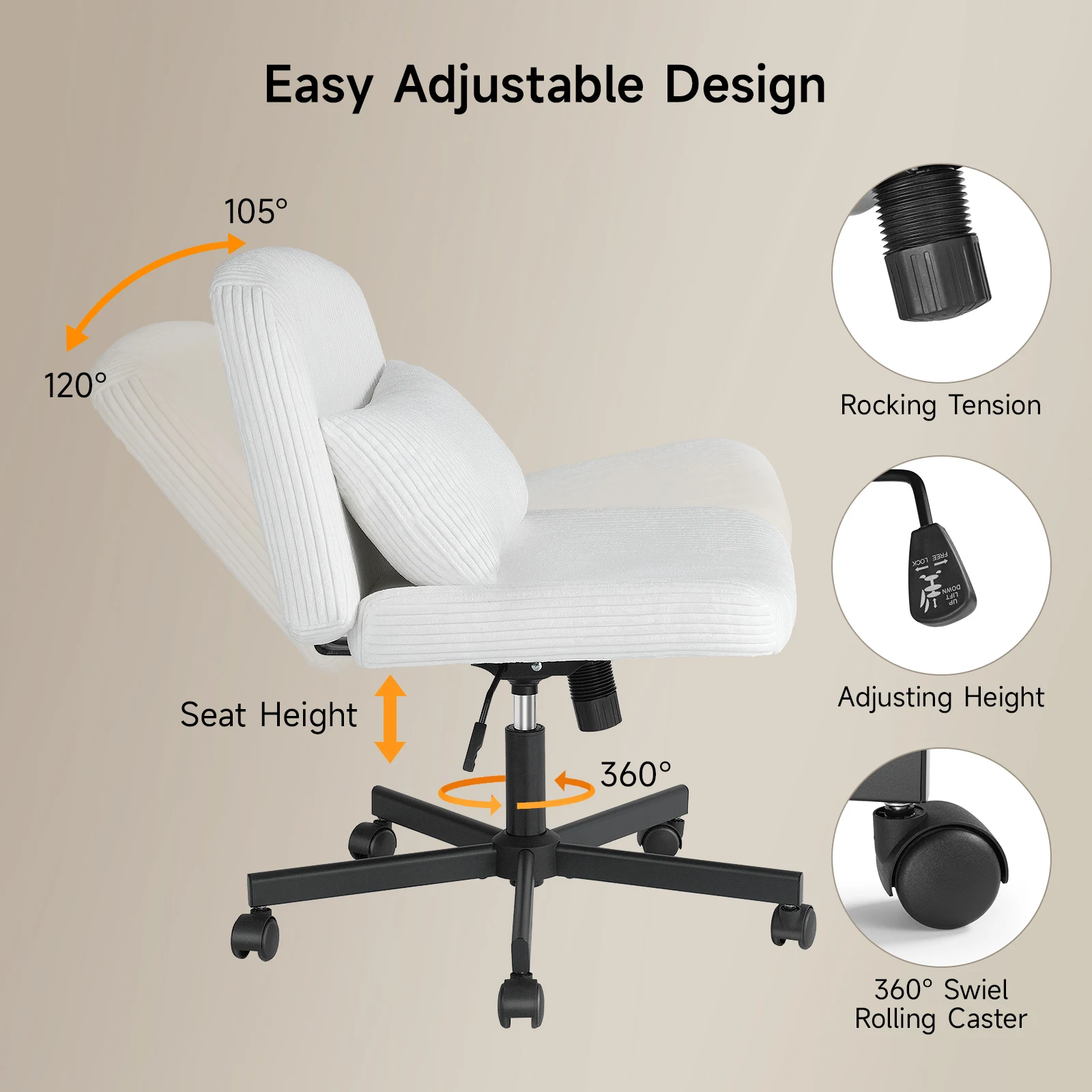 Massage Cross Leg Office Chair w/ Double Layer Sponge Cushion,Corduroy/Pearl Velvet Wide Armrest Desk Chair Mid Back Adjustable 4