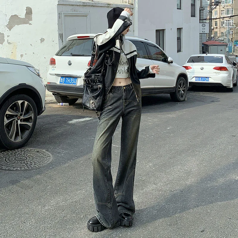 Denim Planet Cement Grey Retro Women's 2024 New Low Waisted Slim Fit Loose Wide Leg Flared Pants Jeans Female