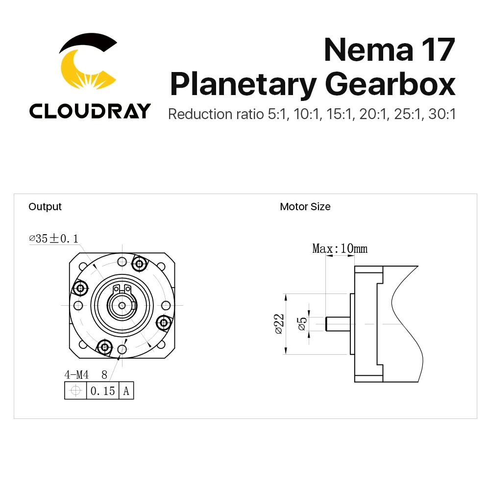Cloudray Nema17 Planetary Gearbox Motor Speed Reducer Ratio 5:1, 10:1, 15:1, 20:1, 25:1,30:1 5mm Input for Open Close Loop Motor