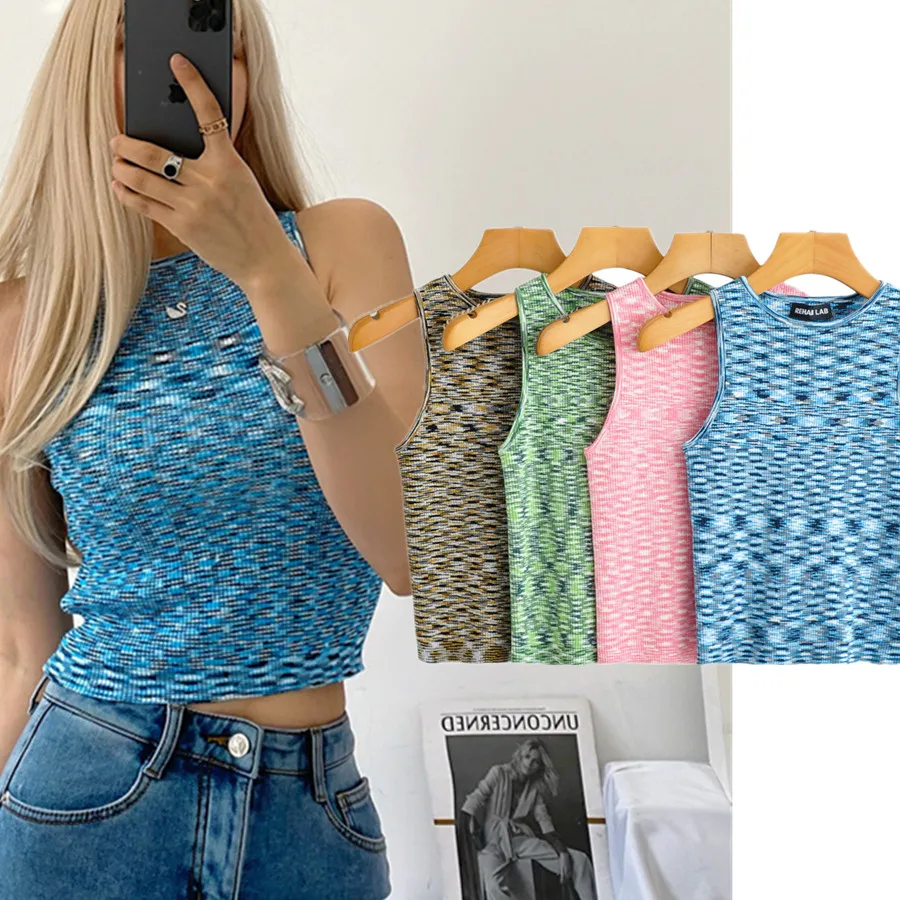 

Elmsk Summer Ins Fashion Blogger High Street Geometric Jacquard Crop Tank Knitted Sexy Short T shirts Women Tops