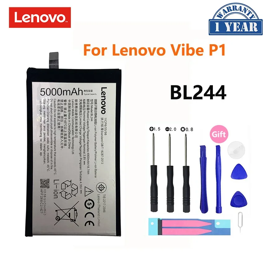 

100% Original BL244 5000mAh Battery For Lenovo Vibe P1 P1A42 P1C58 P1C72 Li-ion Rechargeable Mobile Phone Batteries Bateria Akku