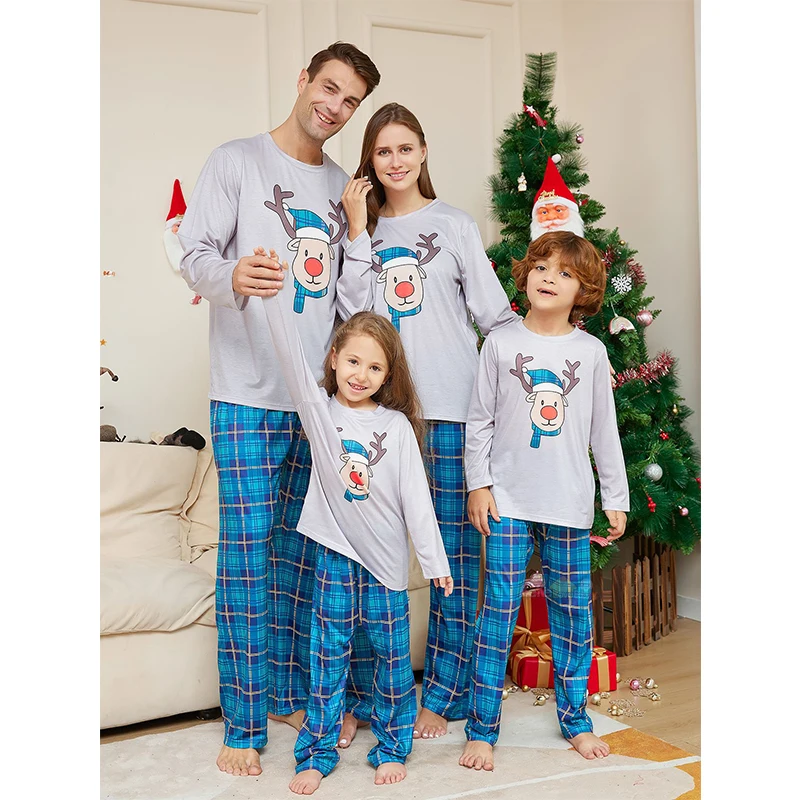 thumbnail image 4 of Conjuntos de pijamas navideños a juego para toda la familia, pijamas de 2 piezas con estampado de cuadros de alce de Año Nuevo 2024, pantalones estampados para adultos, niños y bebés, ropa navideña, 4 of 5