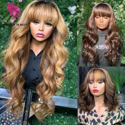 Ombre Body Wave Machine Made Full Human Hair Wigs for Black Women Thick Bangs Glueless Fringe Ombre Highlight #27 Blonde Wigs