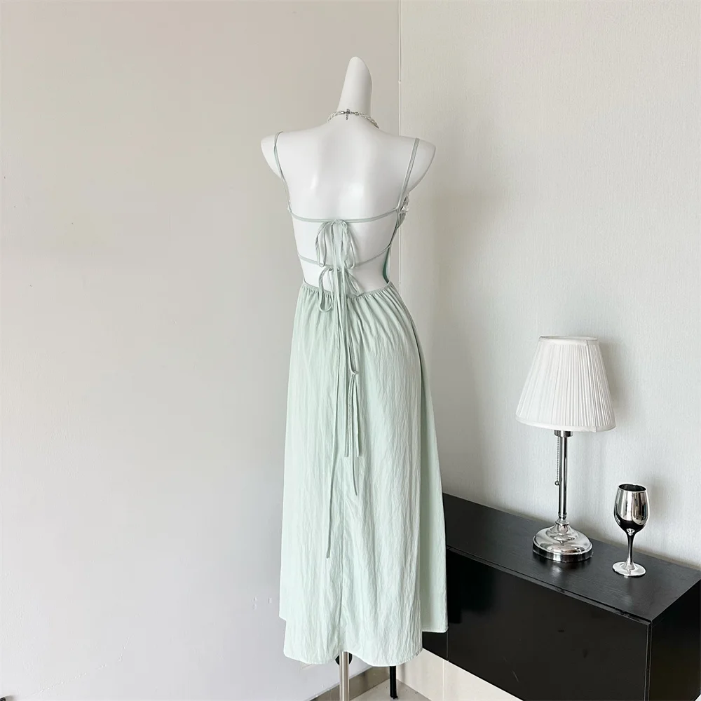 Summer New Spaghetti Strap Backless Midi Dresses for Women Lace-up Sleeveless Beach Style Korean Fashion One Piece Vestido Mujer