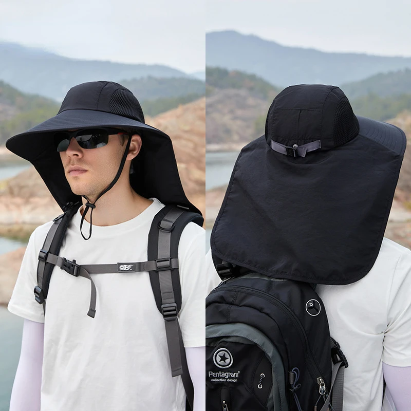 Unisex Summer Wide Brim Waterproof and Quick-drying Panama Caps Outdoor Visor  Bucket Hats Mesh Breathable Sun Hat with Neck Flap