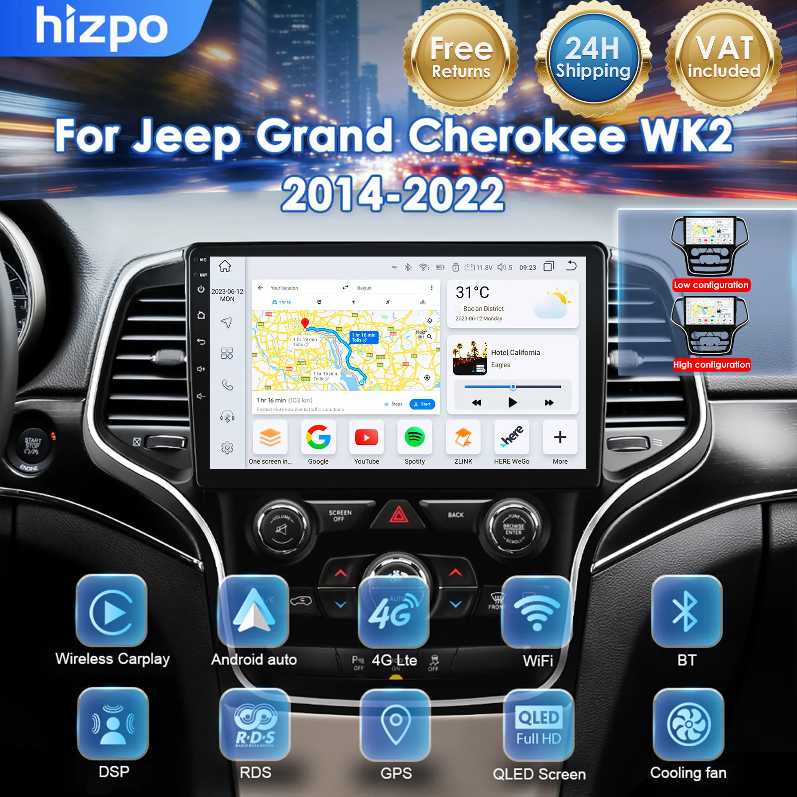 Hizpo Android 14 Carplay Auto para Jeep Grand Cherokee WK2 2014-2022, Reproductor Multimedia de Video, Radio Estéreo para Auto, Reproductor de Navegación, Video WIFI+4G DSP RDS 8+128G, Cámara 360 1