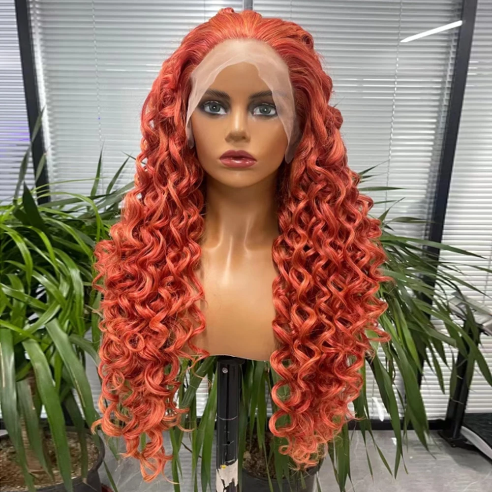 Synthetic Lace Front Breakdown Free Wigs For Women Ginger Orange Long Wavy Brazilian Hair Party/Cosplay High Temperature Fiber