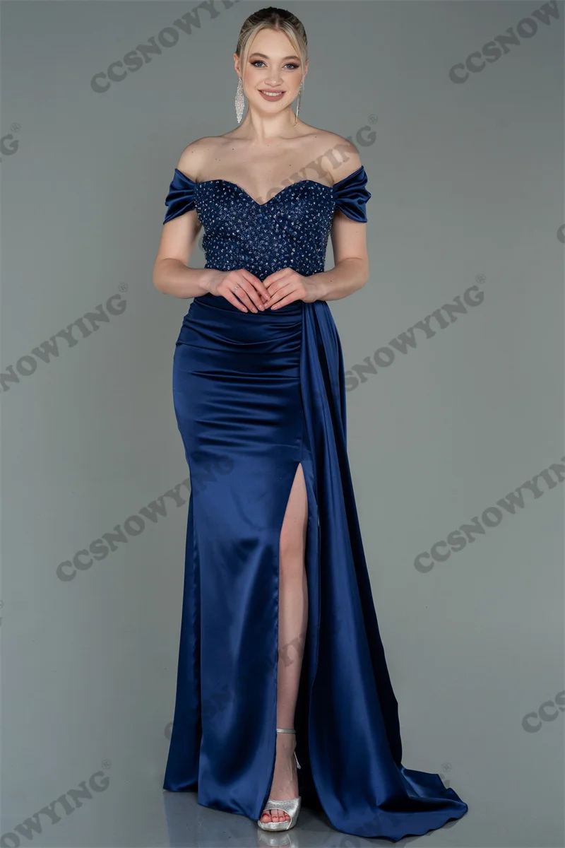 

Elegant Blue Satin Appliques Prom Dresses Mermaid Formal Evening Party Gown Off shoulder High Slit Women V Neck Robe De Soire