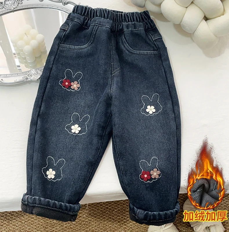 بنطلون جينز مبطن بالصوف للفتيات لفصلي الخريف والشتاء، سروال دافئ مبطن بالصوف للأطفال، بنطلون متعدد الاستخدامات للفتيات الصغيرات