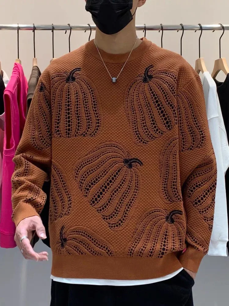 

Pumpkin Embroidered Sweater Men Fashion Knit Pullovers Autumn Winter High End Mens Kong Sleeve Christmas Sweaters Outerwear