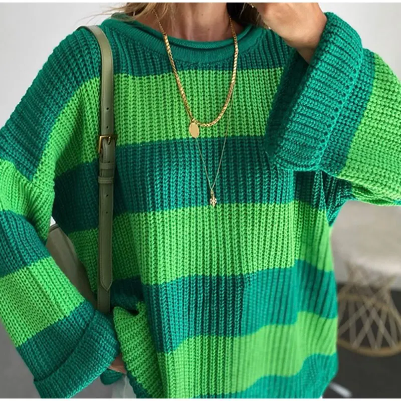 

Women Striped Knitted Sweaters Green Loose O-neck Flare Sleeve Female Pullovers 2022 Autumn Winter Warm Casual Ladies Sweater